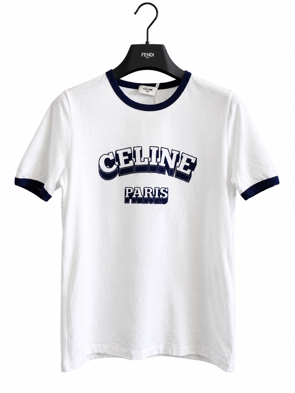 Celine White T‑Shirt with Navy Logo Ringer